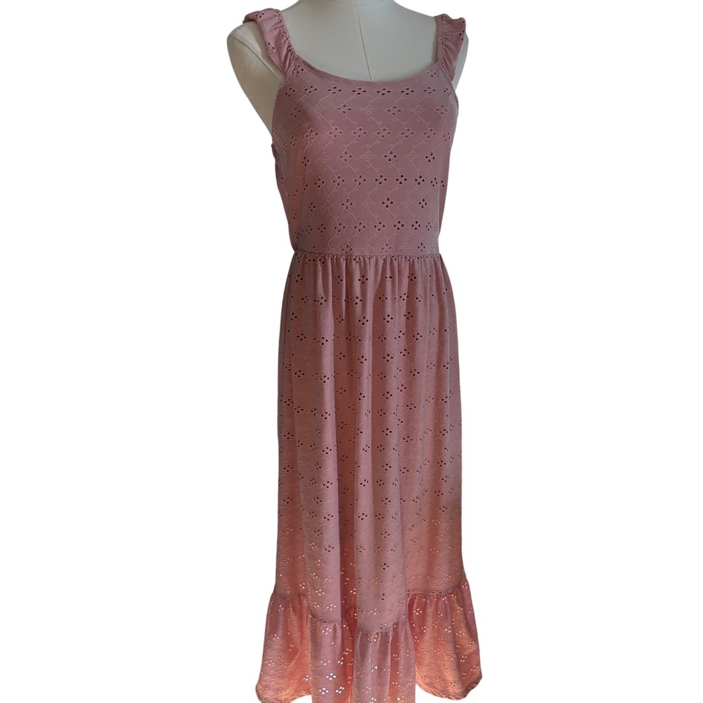 Pink Eyelet Embroidered Ruffle Strap Midi Dress Elastic Waist Tiered Hem